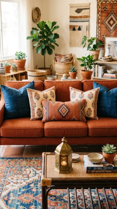 25 Throw Pillow Combinations That Transform Any Sofa 20 20. The Rust Orange Sofa Global Eclectic Combination