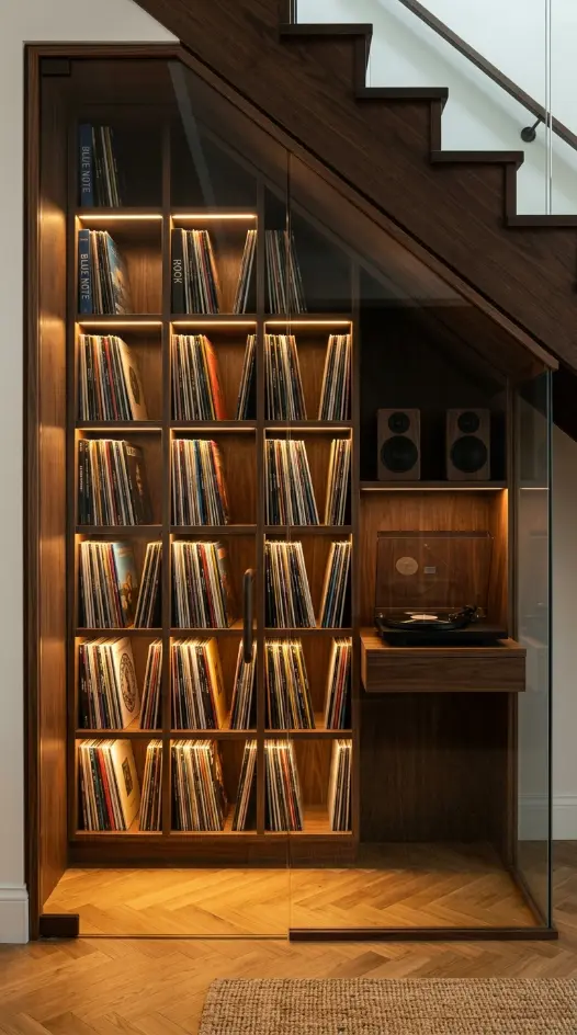 24 Luxury Staircase Storage Ideas Glass Wine Cellar Style 20 20. Under-Stair Glass Enclosed Vintage Record and Audio Display