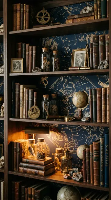 20 Quirky Home Decor Curiosity Cabinet Dark Office 20 20. Use Dark Wallpaper With a Botanical or Celestial Pattern Behind the Shelves