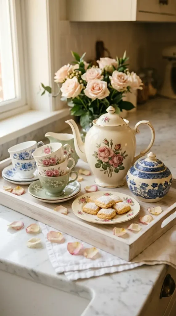 22 Mother's Day Brunch Decorations With Vintage China 20 20. Vintage China Coffee and Tea Station