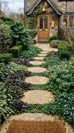 20 Simple Front Yard Landscaping Stepping Stone Path 20 20. Winter Stepping Stone Path With Evergreen Ground Cover