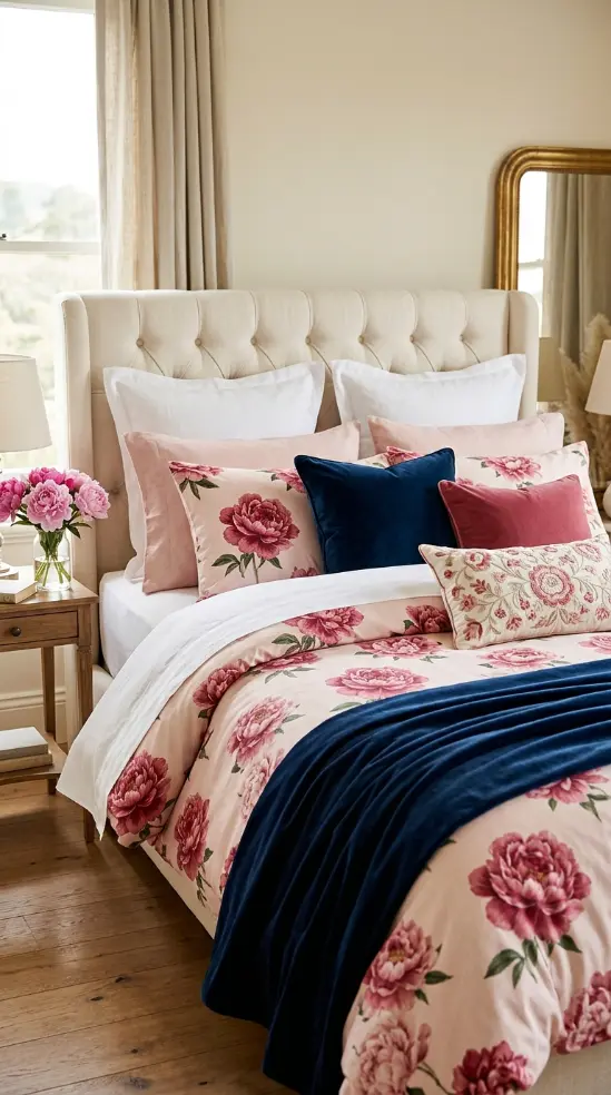 22 Floral Bedding Ideas Blush Peony Romantic Luxury Bed 21 21. Blush Peony Duvet with Contrasting Deep Blue Accent