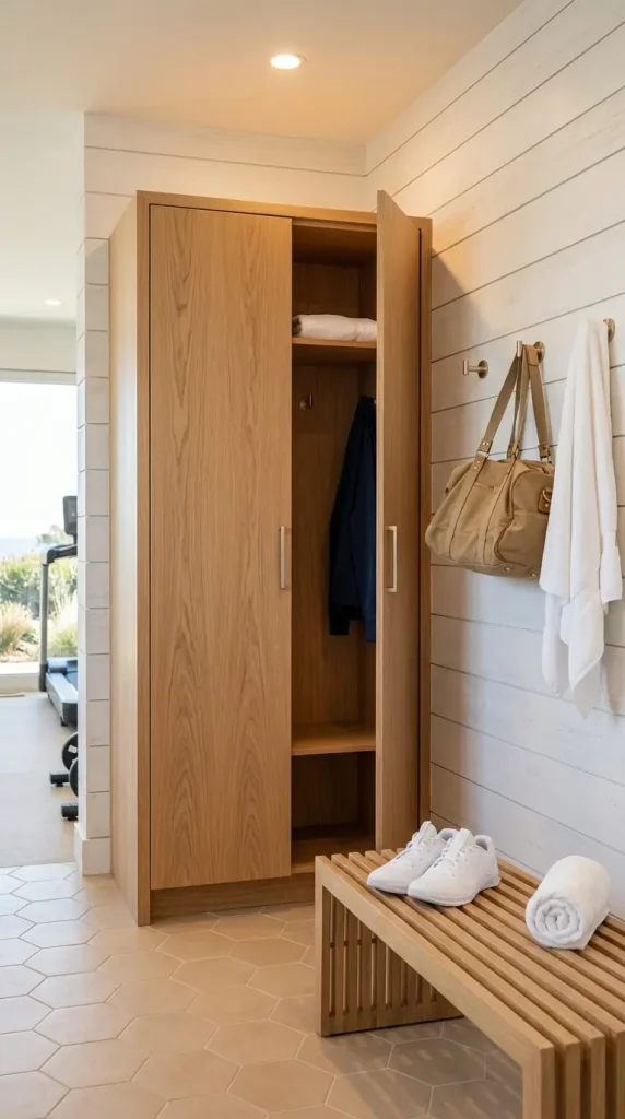 22 Coastal Home Gym Inspiration: Garage Conversion Ideas 21 21. Coastal Home Gym Changing Area with Timber Locker