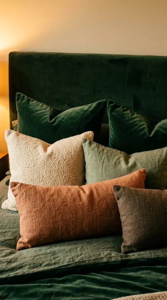 22 Earthy Cozy Bedroom - Dark Green Velvet Brass Luxury 21 21. Dark Green Velvet Throw Pillow Collection with Earthy Accents