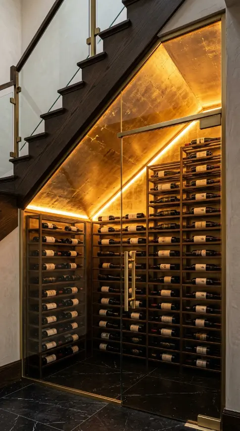 24 Luxury Staircase Storage Ideas Glass Wine Cellar Style 21 21. Under-Stair Glass Cellar With Gold Leaf Ceiling Interior