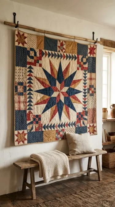 22 Farmhouse Living Room Wall Decor Ideas 21 21. Vintage Farmhouse Map Quilt Wall Hanging