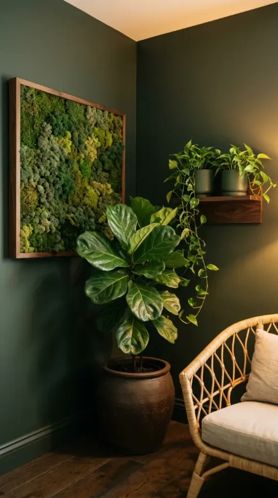 22 Earthy Cozy Bedroom - Dark Green Velvet Brass Luxury 22 22. Dark Green Bedroom with Indoor Plants and Moss Wall Art