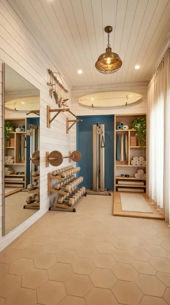 22 Coastal Home Gym Inspiration: Garage Conversion Ideas 22 22. Full Coastal Home Gym Overview — Everything Together