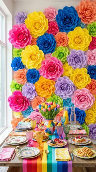 22 Spring Table Decor Ideas - Dopamine Colorful Brunch Style 22 22. Giant Paper Flower Wall Behind the Brunch Table