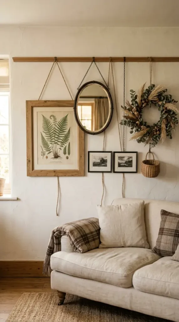 22 Farmhouse Living Room Wall Decor Ideas 22 22. Layered Frames and Objects on Picture Rail