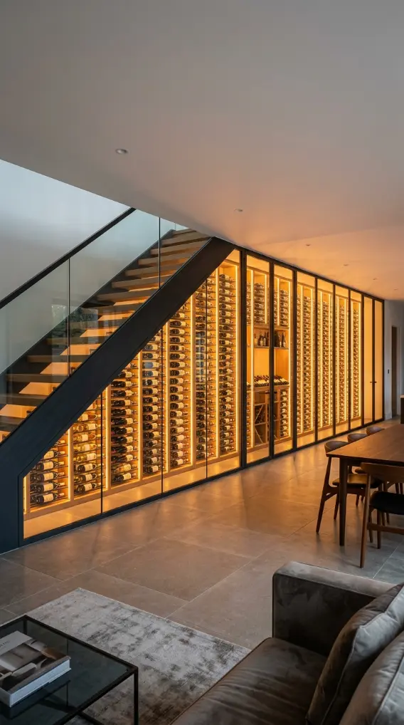 24 Luxury Staircase Storage Ideas Glass Wine Cellar Style 22 22. Under-Stair Glass Cellar Extending Into a Full Feature Wall