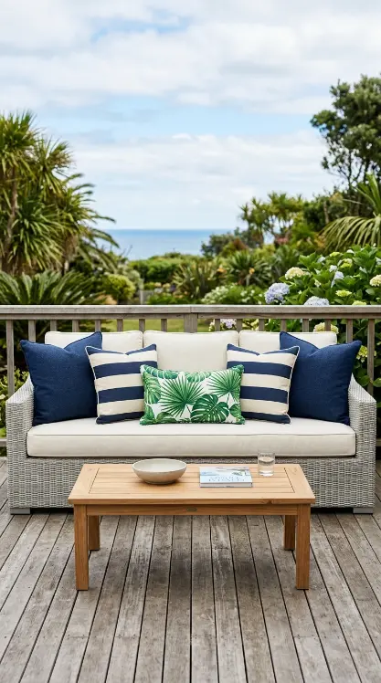 25 Throw Pillow Combinations That Transform Any Sofa 23 23. The Outdoor Sofa All-Weather Combination