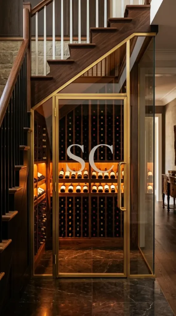 24 Luxury Staircase Storage Ideas Glass Wine Cellar Style 23 23. Under-Stair Glass Cellar With Personalised Monogram Door Panel