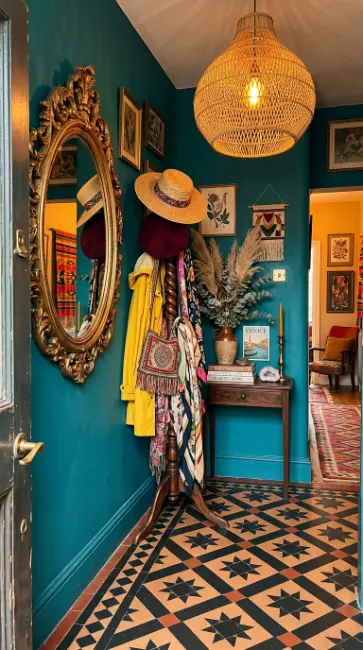 24 Eclectic Quirky Home Decor Ideas 24 24. Eclectic Entryway With Bold Color and Maximalist Styling
