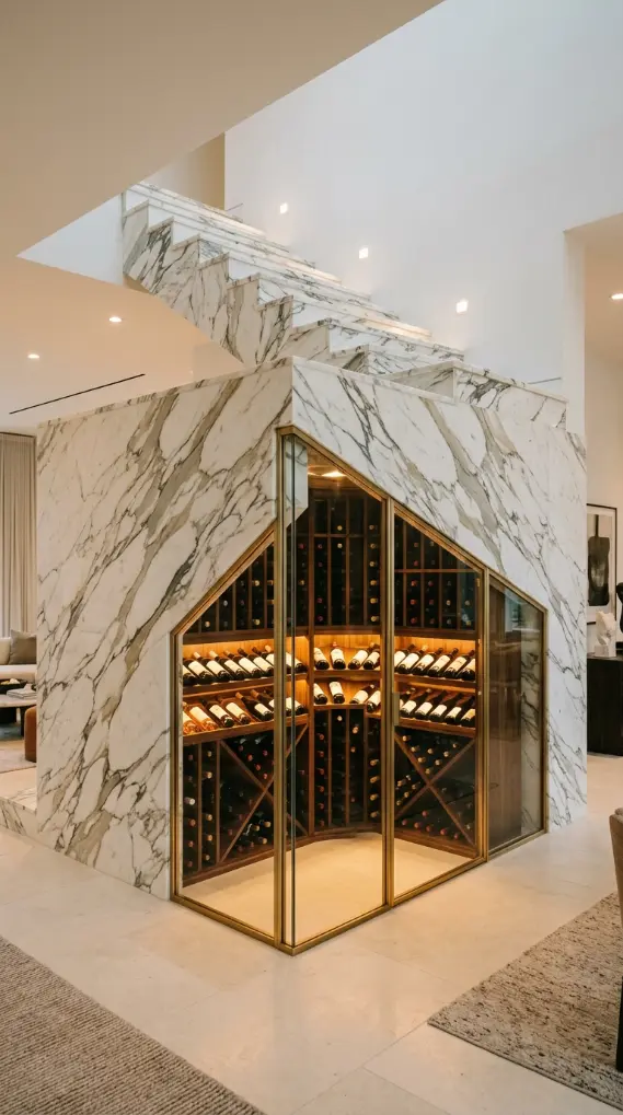 24 Luxury Staircase Storage Ideas Glass Wine Cellar Style 24 24. Under-Stair Glass Cellar With Stone-Clad Exterior Surround