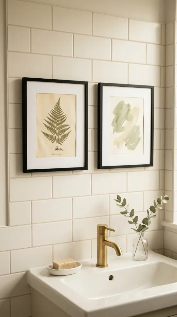 28 Wall Decor Ideas That Transform Every Blank Surface 26 26. Bathroom Wall Decor — Framed Art in an Unexpected Space