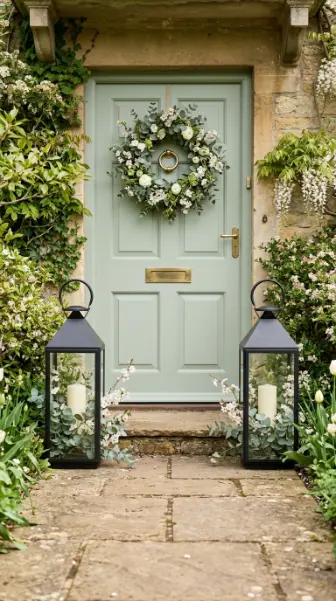 20 Spring Lantern Decor Ideas for Home and Garden 3 3. Black Metal Lanterns Flanking a Front Door for Spring Welcome