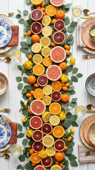 22 Spring Table Decor Ideas - Dopamine Colorful Brunch Style 3 3. Citrus Fruit Table Runner Down the Centre