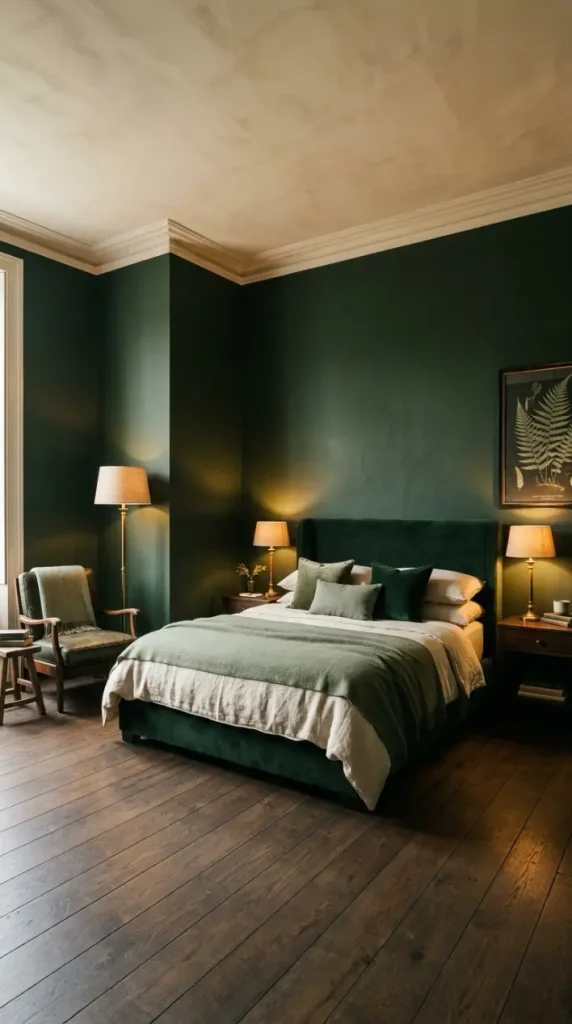 22 Earthy Cozy Bedroom - Dark Green Velvet Brass Luxury 3 3. Dark Green Painted Walls with Warm White Plaster Ceiling