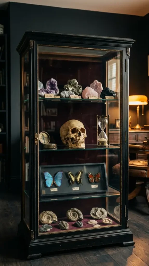 20 Quirky Home Decor Curiosity Cabinet Dark Office 3 3. Display a Curiosity Cabinet Glass Case as the Office Centerpiece