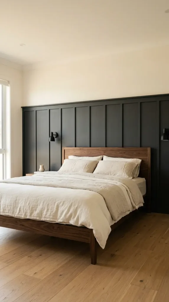 18 Modern Farmhouse Bedroom Ideas Dark Board and Batten 3 3. Half Wall Dark Board and Batten With Contrasting Upper Wall Paint