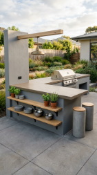 18 Easy Outdoor Kitchen DIY Ideas Modern L-Shape Build 3 3. Modular Steel Panel L-Shape With Concrete Countertop and Open Shelving