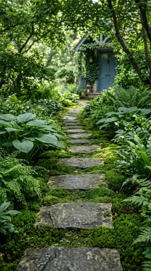 20 Simple Front Yard Landscaping Stepping Stone Path 3 3. Moss-Filled Stepping Stone Woodland Path