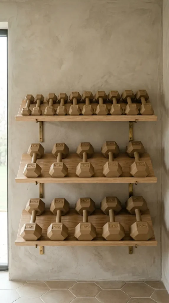 18 Warm Neutral Home Gym Studio Spare Bedroom Conversion 3 3. Natural Light Oak Dumbbell Wall Rack as a Design Feature