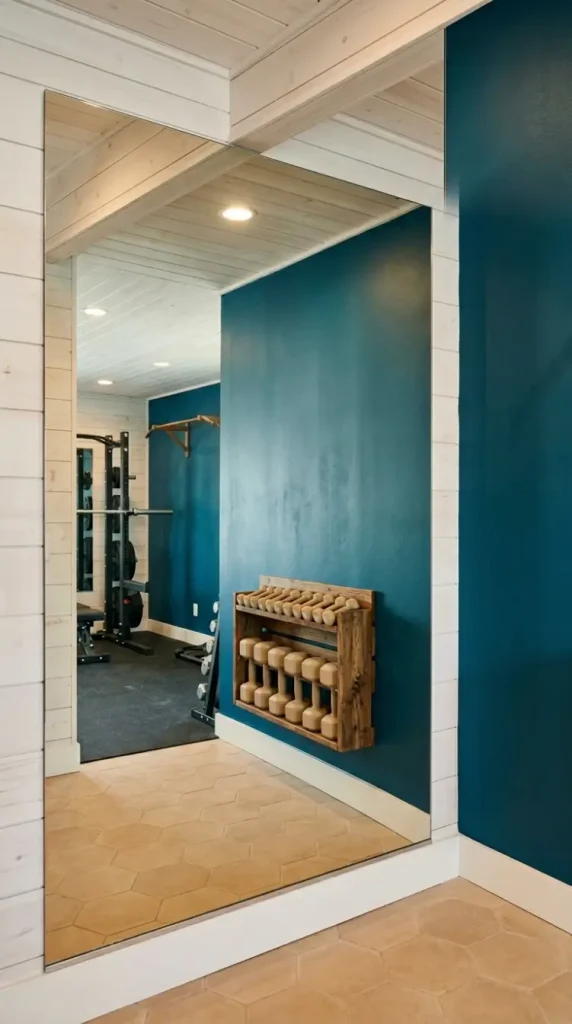 22 Coastal Home Gym Inspiration: Garage Conversion Ideas 3 3. Ocean Blue Painted Accent Wall Behind the Mirror