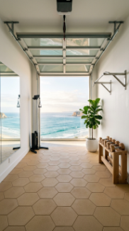 18 Coastal Home Gym Inspiration Garage Conversion Ideas 3 3. Open Garage Door Gym With Ocean View