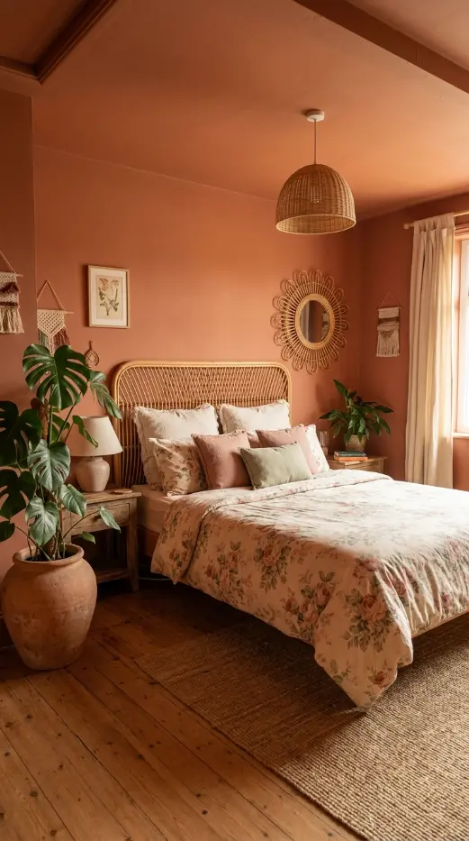 22 Vintage Floral Bedding Boho Rattan Bedroom Terracotta 3 3. Paint Walls in Warm Terracotta for an Instant Room Transformation