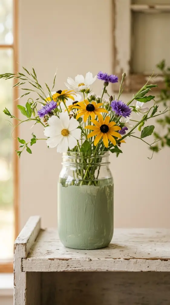 20 Simple DIY Spring Home Decoration - Mason Jar Flowers 3 3. Painted Mason Jar with Wildflowers