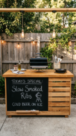 18 Easy Outdoor Kitchen DIY Ideas Pallet Wood Bar Grill 3 3. Pallet Wood BBQ Station With Chalkboard Panel