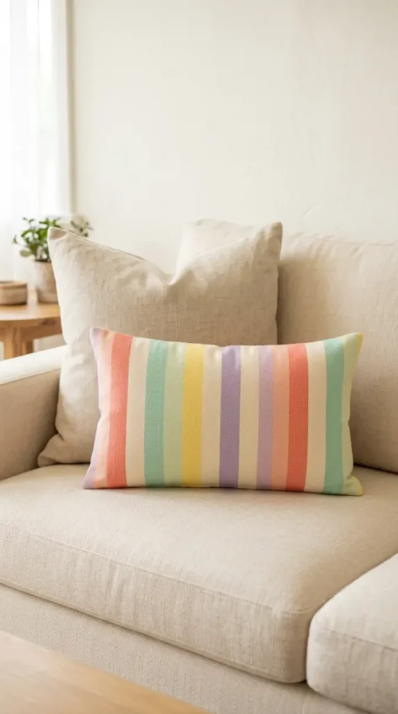 20 Cute Throw Pillows That Make Every Room Smile 3 3. Pastel Rainbow Stripe Lumbar Throw Pillow on a Neutral Sofa