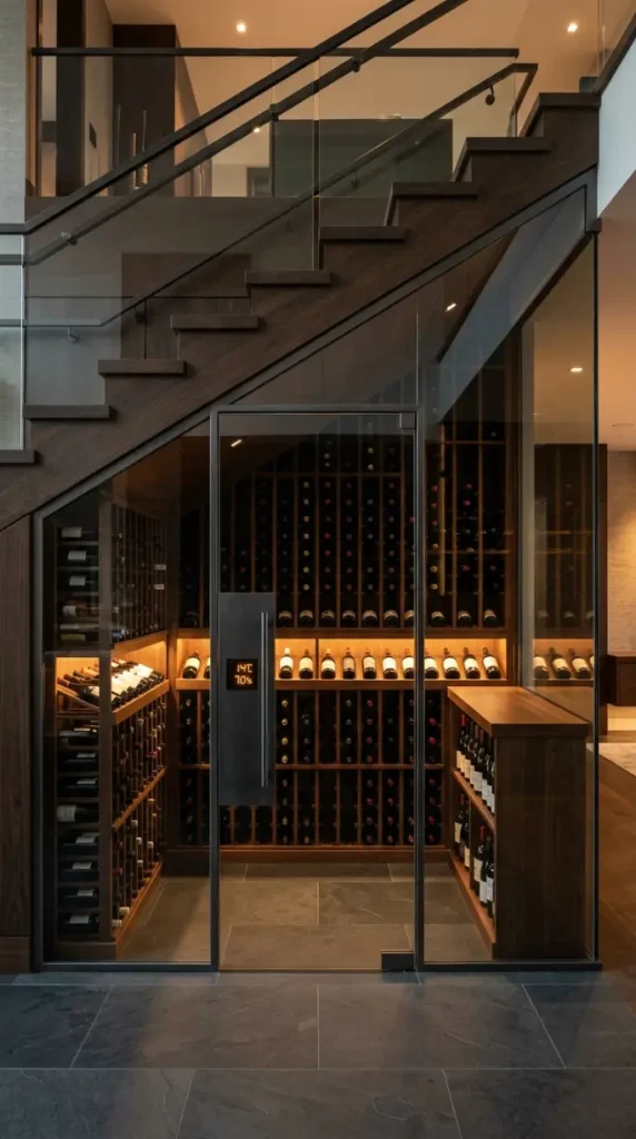 24 Luxury Staircase Storage Ideas Glass Wine Cellar Style 3 3. Temperature Controlled Glass Wine Cellar With Humidity Display