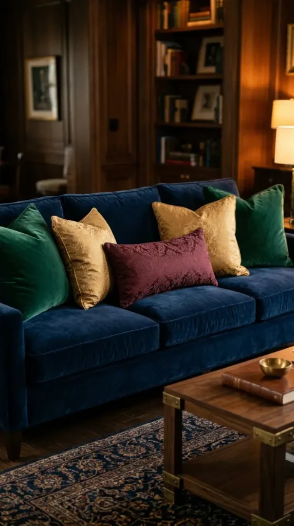 25 Throw Pillow Combinations That Transform Any Sofa 3 3. The Navy Sofa Rich Jewel Tone Combination