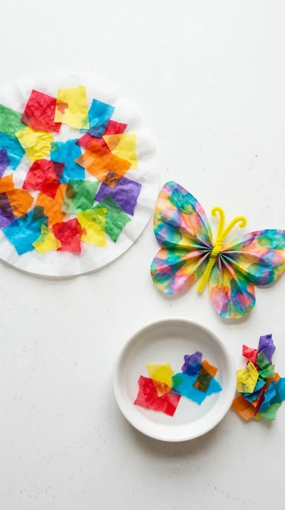 18 Easy Spring Classroom Crafts - Coffee Filter Butterflies 3 3. Tissue Paper Bleeding Color Butterfly