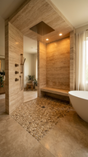 18 Incredible Luxury Bathroom Ideas Travertine Spa Style 3 3. Travertine Doorless Walk-In Shower With Pebble Floor