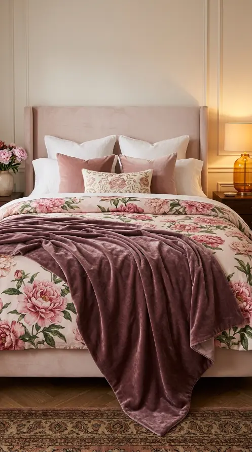 22 Floral Bedding Ideas Blush Peony Romantic Luxury Bed 3 3. Velvet Throw Over Peony Bedding for Seasonal Depth