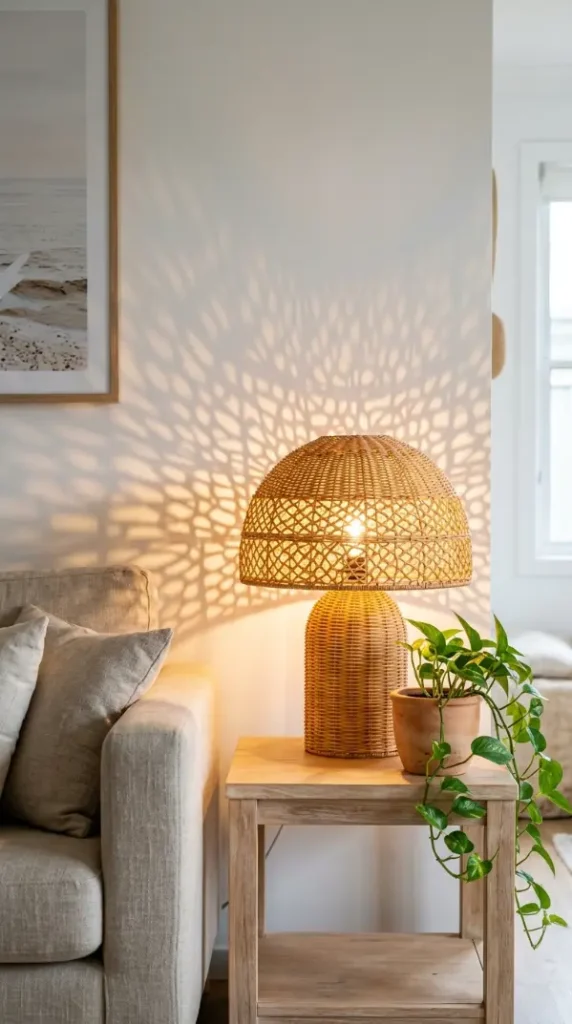 18 Mushroom Lamp Decor Ideas for Every Home Aesthetic 3 3. Wicker Mushroom Lamp in a Coastal Boho Living Room