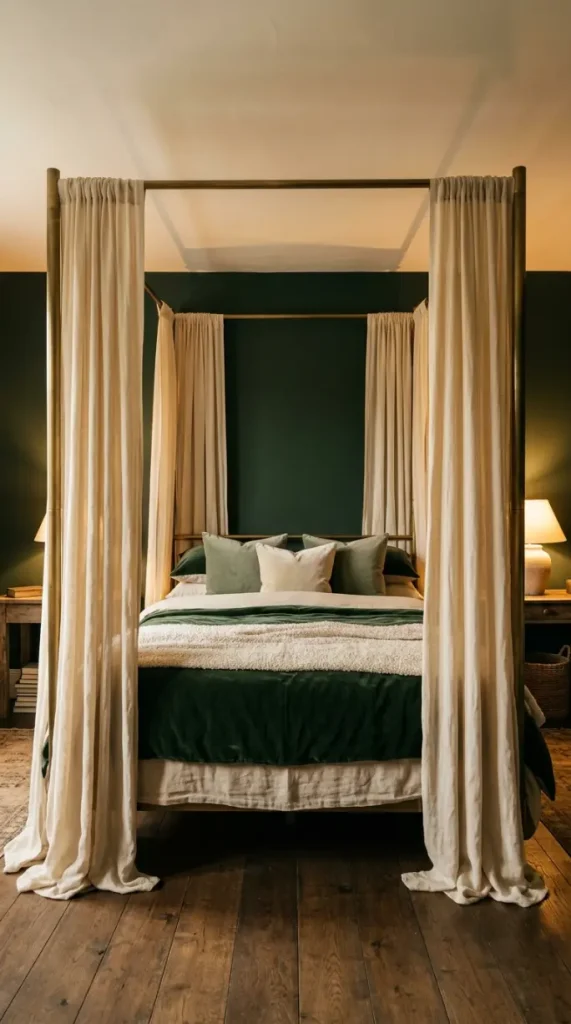 22 Earthy Cozy Bedroom - Dark Green Velvet Brass Luxury 4 4. Brass Canopy Bed Frame with Draped Linen Panels