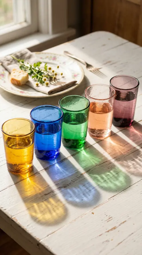 22 Spring Table Decor Ideas - Dopamine Colorful Brunch Style 4 4. Colored Glassware Catching Morning Light
