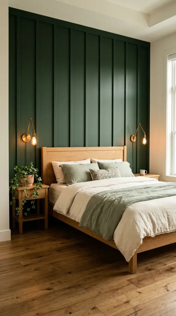 18 Modern Farmhouse Bedroom Ideas Dark Board and Batten 4 4. Dark Forest Green Board and Batten for a Moody Farmhouse Bedroom