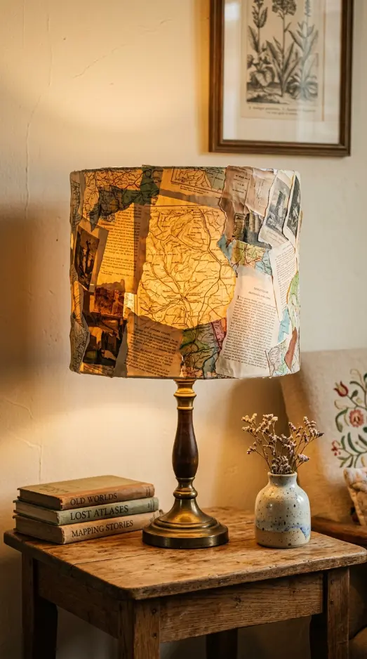 20 Funky Home Decor DIY Easy Ideas For Creative Homes 4 4. Decoupage a Plain Lampshade With Vintage Map or Wallpaper Scraps