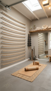 18 Coastal Home Gym Inspiration Garage Conversion Ideas 4 4. Driftwood Grey Garage Gym With Rope Wall and Natural Elements