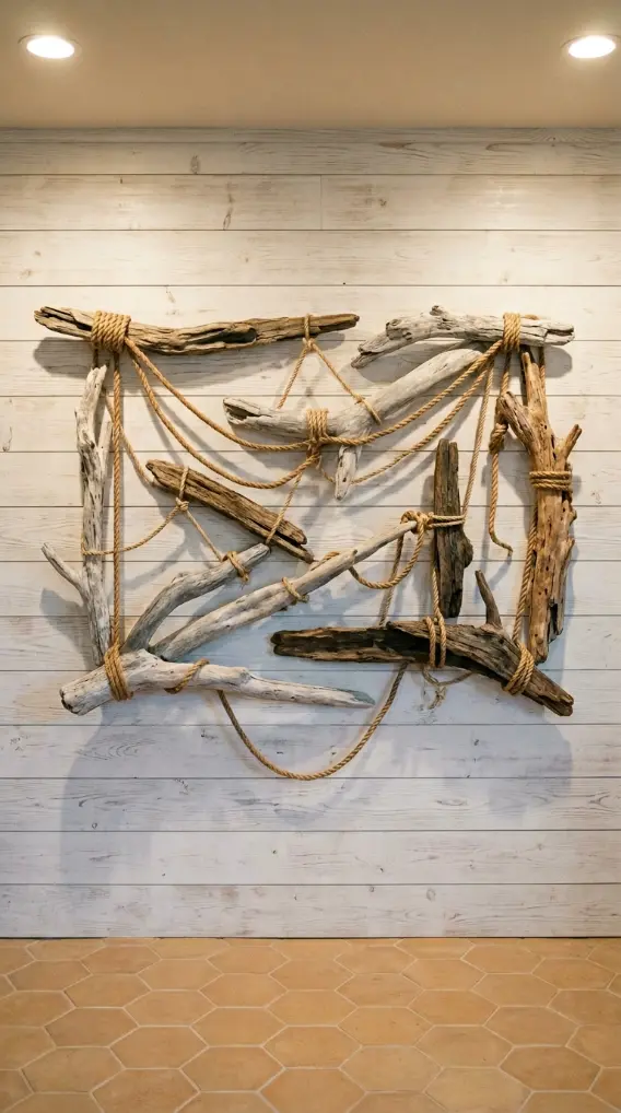 22 Coastal Home Gym Inspiration: Garage Conversion Ideas 4 4. Driftwood and Rope Wall Art Installation