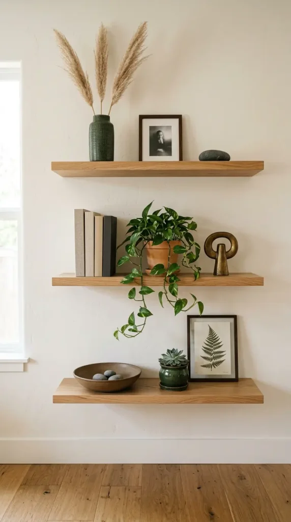 28 Wall Decor Ideas That Transform Every Blank Surface 4 4. Floating Shelves as Wall Decor — The Styled Shelf Vignette