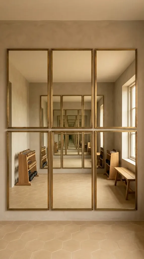 18 Warm Neutral Home Gym Studio Spare Bedroom Conversion 4 4. Full-Width Mirror Wall With Warm Brass Frame Grid