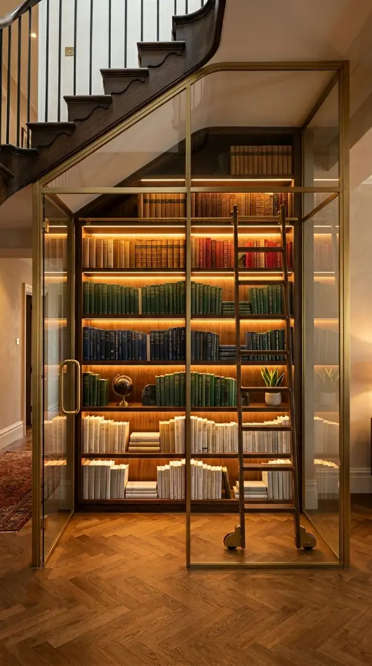 24 Luxury Staircase Storage Ideas Glass Wine Cellar Style 4 4. Glass and Brass Under-Stair Library Display