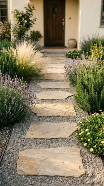20 Simple Front Yard Landscaping Stepping Stone Path 4 4. Gravel-Set Stepping Stone Path With Border Planting